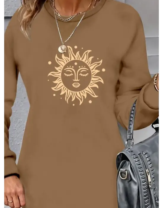 Kadın Uzun Kollu Bisiklet Yaka Güneş Desenli Viskon Iki Iplik Elbise