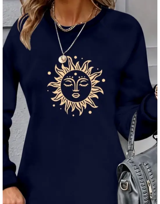 Kadın Uzun Kollu Bisiklet Yaka Güneş Desenli Viskon Iki Iplik Elbise