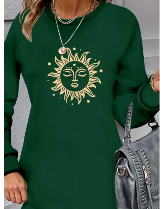 Kadın Uzun Kollu Bisiklet Yaka Güneş Desenli Viskon Iki Iplik Elbise