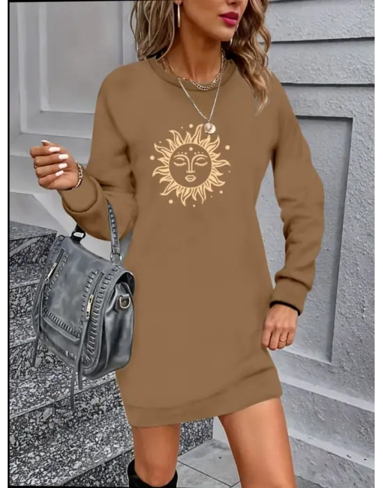 Kadın Uzun Kollu Bisiklet Yaka Güneş Desenli Viskon Iki Iplik Elbise