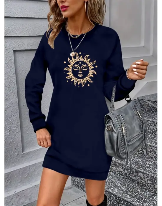 Omarı Güneş Desenli Uzun Kollu Kadın Elbisesi