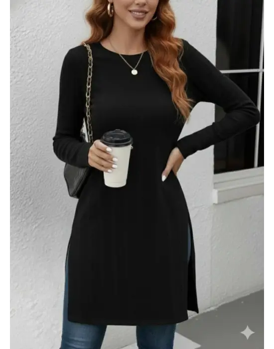 Kadın Uzun Kollu Bisiklet Yaka Iki Yandan Yırtmaç Detay Triko Bluz