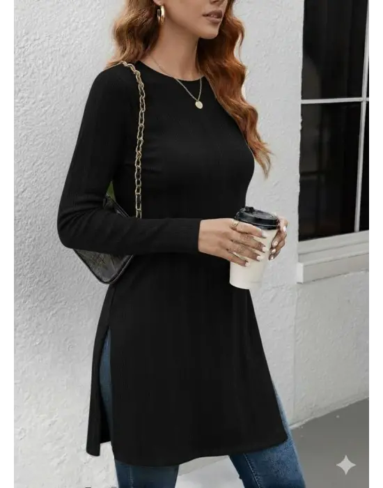 Kadın Uzun Kollu Bisiklet Yaka Iki Yandan Yırtmaç Detay Triko Bluz