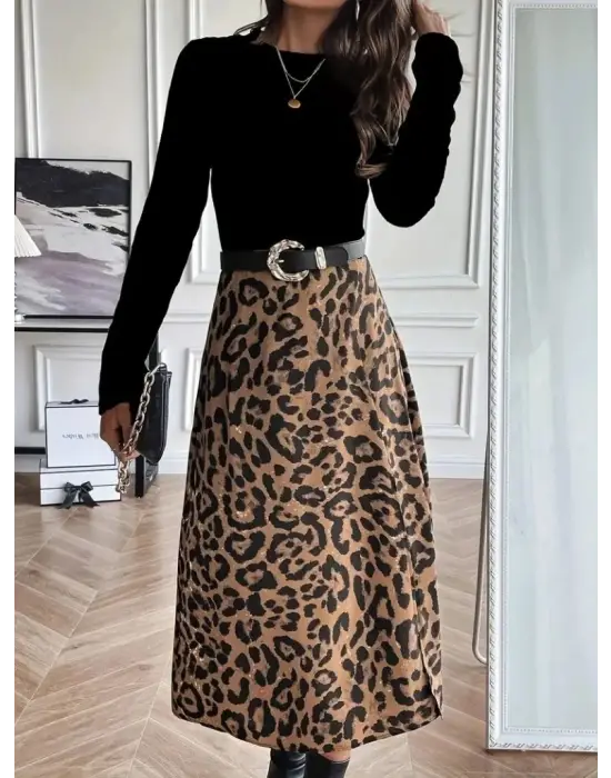 Kadın Uzun Kollu Bisiklet Yaka Ithal Krep Bluz Alt Desenli Modal Midi Elbise