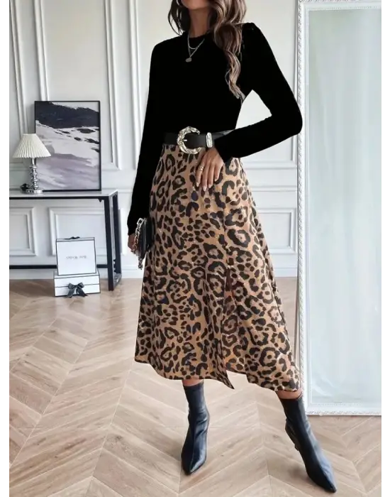 Kadın Uzun Kollu Bisiklet Yaka Ithal Krep Bluz Alt Desenli Modal Midi Elbise