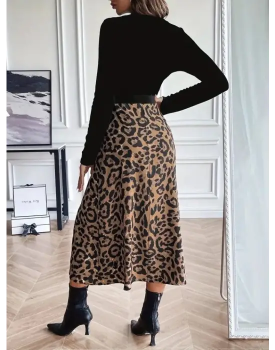 Kadın Uzun Kollu Bisiklet Yaka Ithal Krep Bluz Alt Desenli Modal Midi Elbise