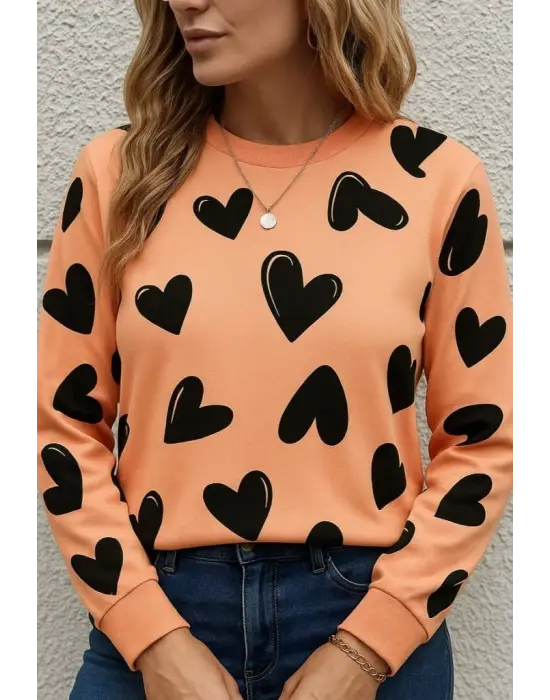 Kadın Uzun Kollu Bisiklet Yaka Kalp Desenli Iki Iplik Bluz