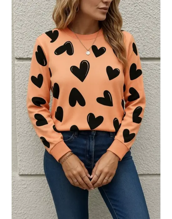 Kadın Uzun Kollu Bisiklet Yaka Kalp Desenli Iki Iplik Bluz