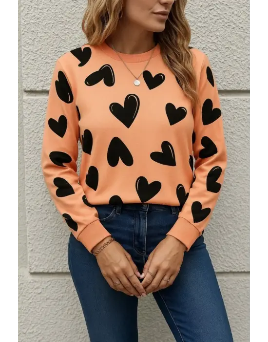 Kadın Uzun Kollu Bisiklet Yaka Kalp Desenli Iki Iplik Bluz