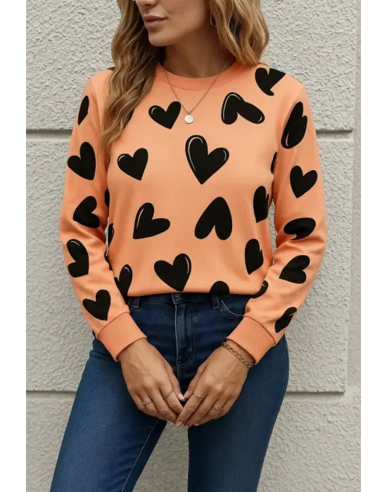 Kadın Uzun Kollu Bisiklet Yaka Kalp Desenli Iki Iplik Bluz