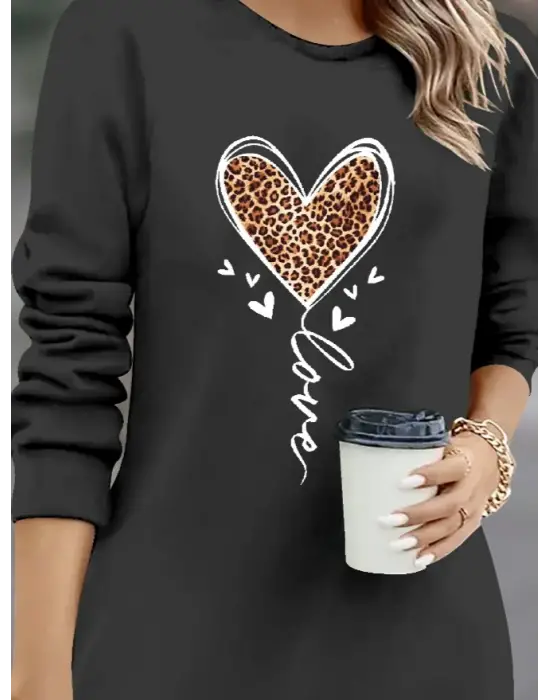 Kadın Uzun Kollu Bisiklet Yaka Kalp Desenli Kısa Viskon Elbise