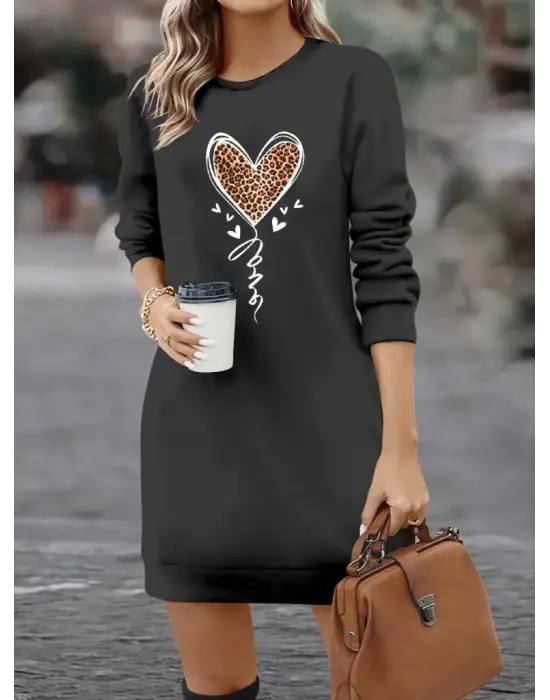 Kadın Uzun Kollu Bisiklet Yaka Kalp Desenli Kısa Viskon Elbise