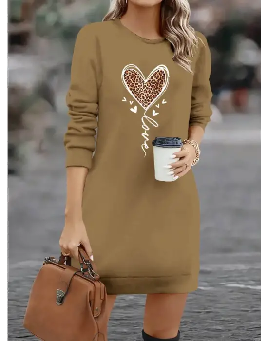 Kadın Uzun Kollu Bisiklet Yaka Kalp Desenli Kısa Viskon Elbise