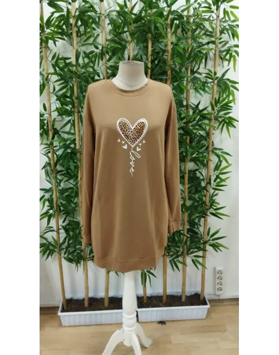 Kadın Uzun Kollu Bisiklet Yaka Kalp Desenli Kısa Viskon Elbise