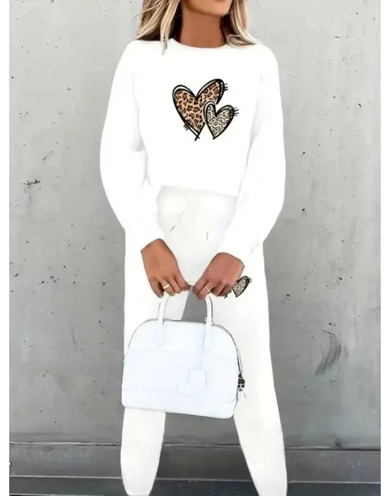 Kadın Uzun Kollu Bisiklet Yaka Kalp Desenli şardonlu üç Iplik Bluz Ve Pantolon Ikili Takım