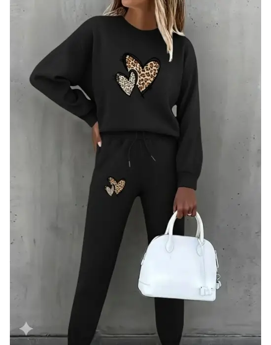 Kadın Uzun Kollu Bisiklet Yaka Kalp Desenli şardonlu üç Iplik Bluz Ve Pantolon Ikili Takım