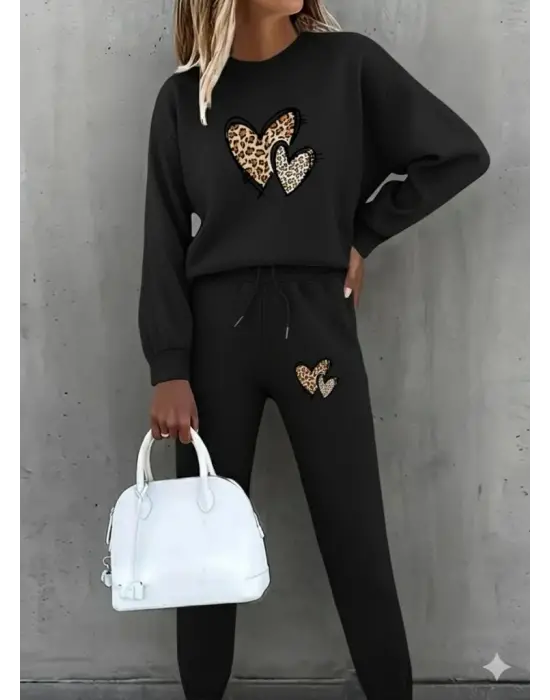 Kadın Uzun Kollu Bisiklet Yaka Kalp Desenli şardonlu üç Iplik Bluz Ve Pantolon Ikili Takım