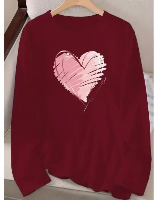 Kadın Uzun Kollu Bisiklet Yaka Kalp Desenli Viskon Bluz