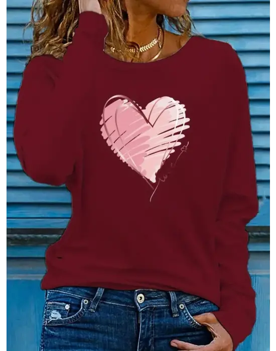 Kadın Uzun Kollu Bisiklet Yaka Kalp Desenli Viskon Bluz