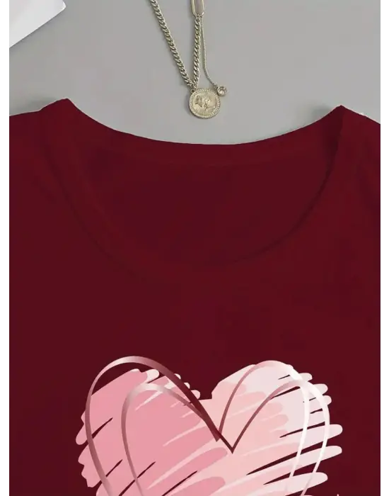 Kadın Uzun Kollu Bisiklet Yaka Kalp Desenli Viskon Bluz