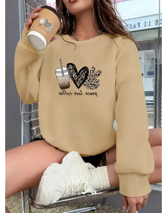 Kadın Uzun Kollu Bisiklet Yaka Kalp Desenli Viskon Iki Iplik Bluz