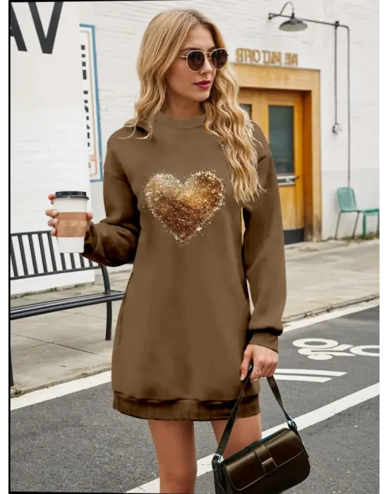 Kadın Uzun Kollu Bisiklet Yaka Kalp Desenli Viskon Iki Iplik Bluz