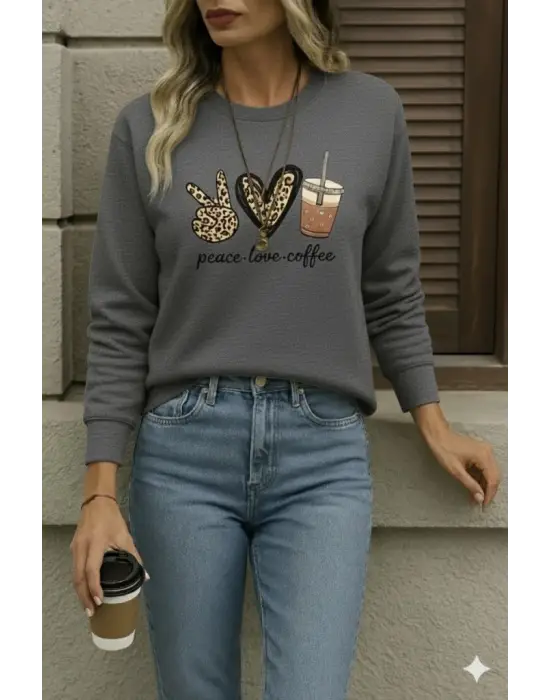 Kadın Uzun Kollu Bisiklet Yaka Kalp Desenli Viskon Iki Iplik Bluz