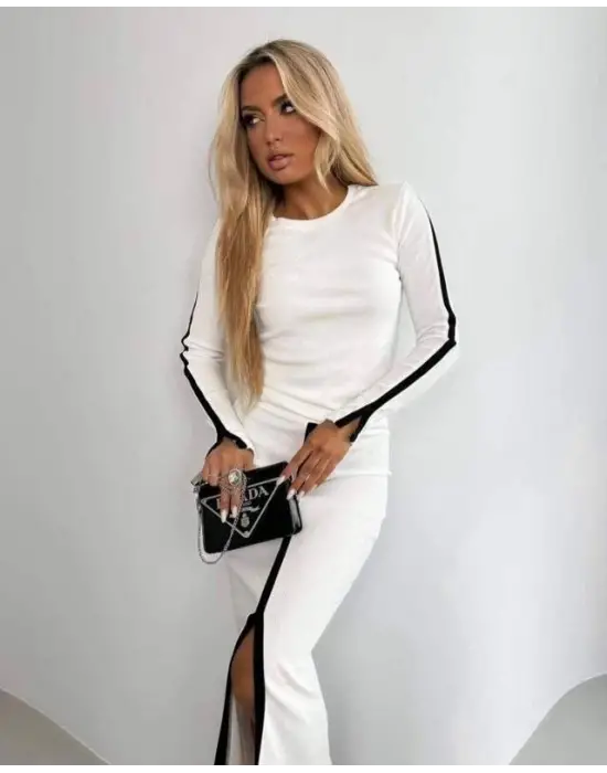 Şık Kadın Bisiklet Yaka Kaşkorse Bluz ve Yırtmaçlı Etek Takımı