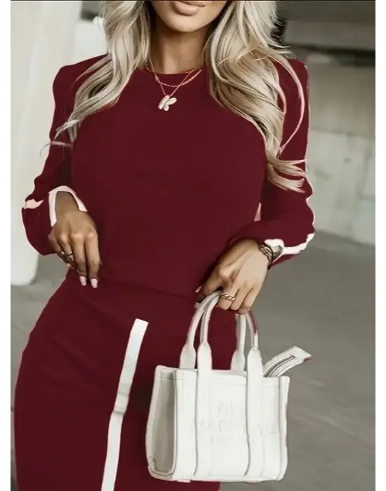 Kadın Uzun Kollu Bisiklet Yaka Kaşkorse Bluz Ve Yırtmaçlı Etek Ikili Takım