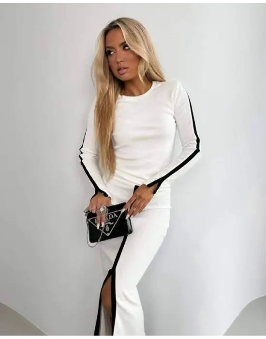 Kadın Uzun Kollu Bisiklet Yaka Kaşkorse Bluz Ve Yırtmaçlı Etek Ikili Takım