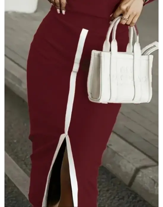 Kadın Uzun Kollu Bisiklet Yaka Kaşkorse Bluz Ve Yırtmaçlı Etek Ikili Takım