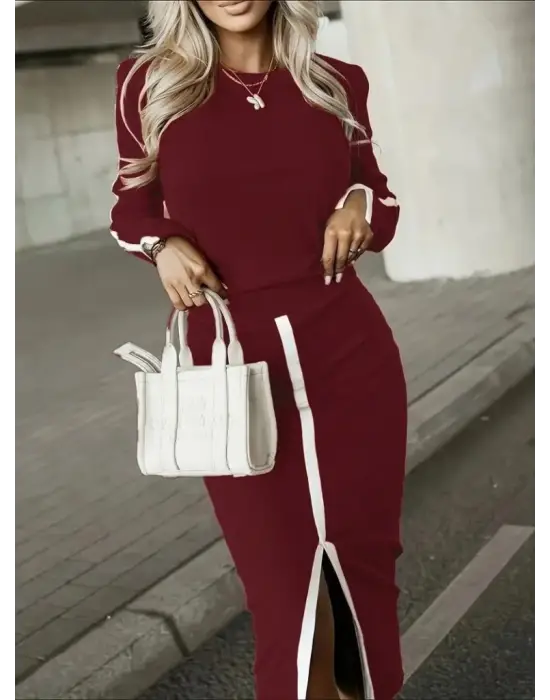 Kadın Uzun Kollu Bisiklet Yaka Kaşkorse Bluz Ve Yırtmaçlı Etek Ikili Takım