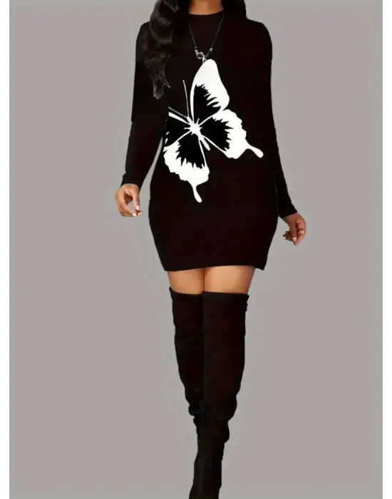 Kadın Uzun Kollu Bisiklet Yaka Kelebek Desenli Kısa Viskon Iki Iplik Elbise