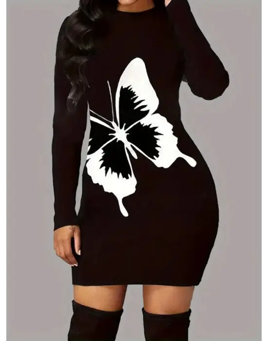 Kadın Uzun Kollu Bisiklet Yaka Kelebek Desenli Kısa Viskon Iki Iplik Elbise