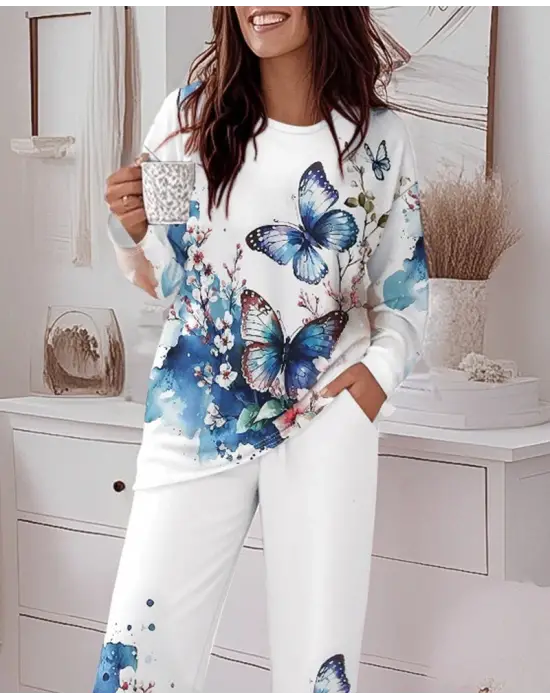 Kadın Uzun Kollu Bisiklet Yaka Kelebek Desenli Süprem Alt üst Takım
