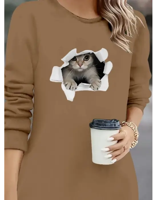 Kadın Uzun Kollu Bisiklet Yaka Kısa Viskon Iki Iplik Elbise