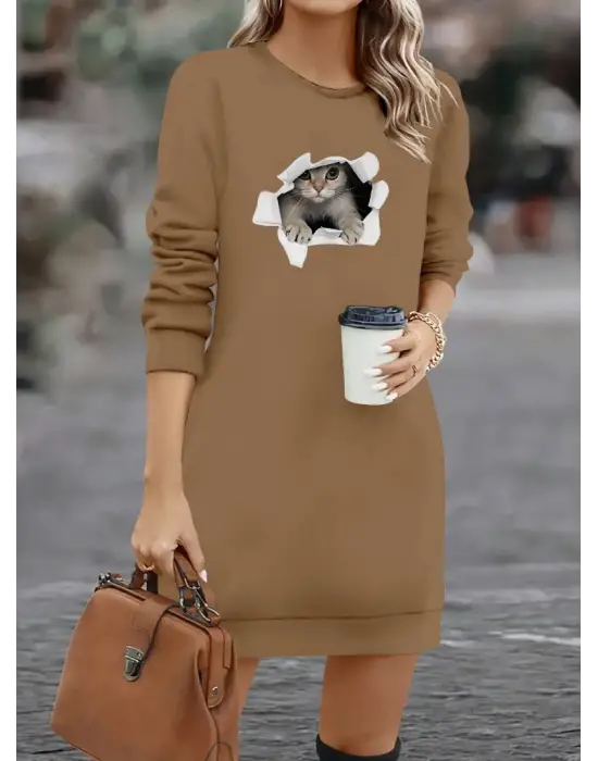 Kadın Uzun Kollu Bisiklet Yaka Kısa Viskon Iki Iplik Elbise