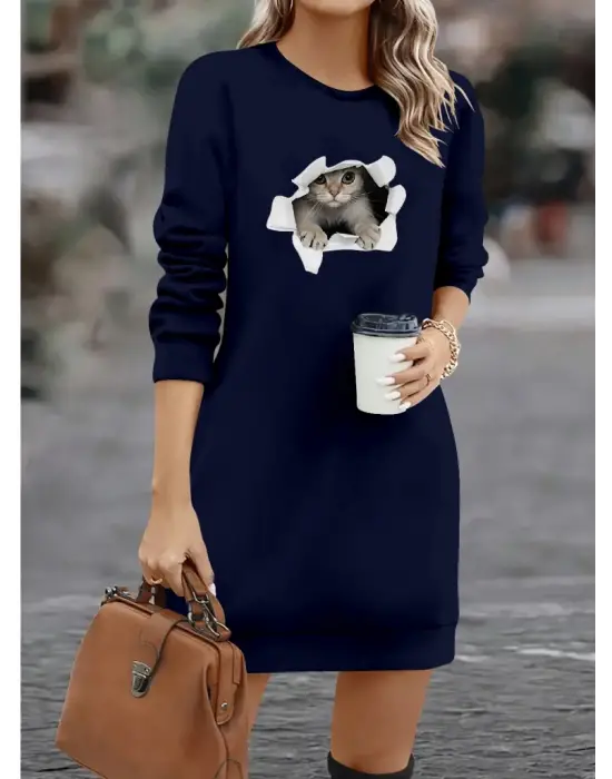 Kadın Uzun Kollu Bisiklet Yaka Kısa Viskon Iki Iplik Elbise