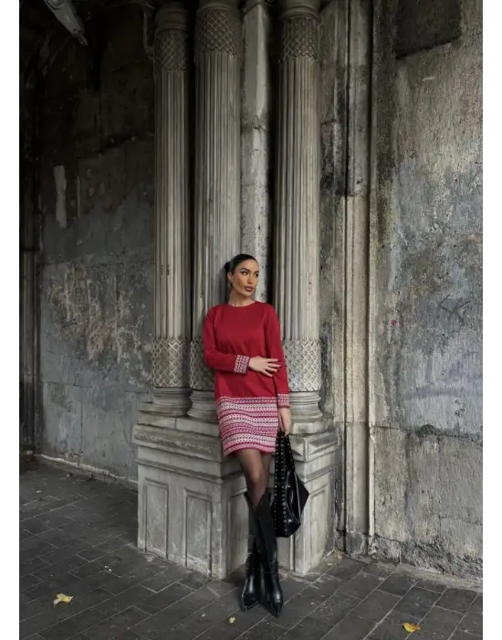 Kadın Uzun Kollu Bisiklet Yaka Kol Ağzı Ve Etek Ucu Baskılı Iki Iplik Elbise