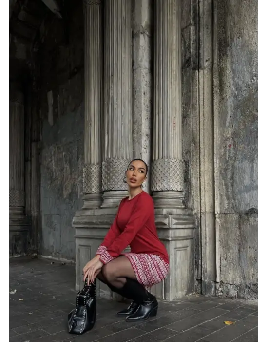 Kadın Uzun Kollu Bisiklet Yaka Kol Ağzı Ve Etek Ucu Baskılı Iki Iplik Elbise