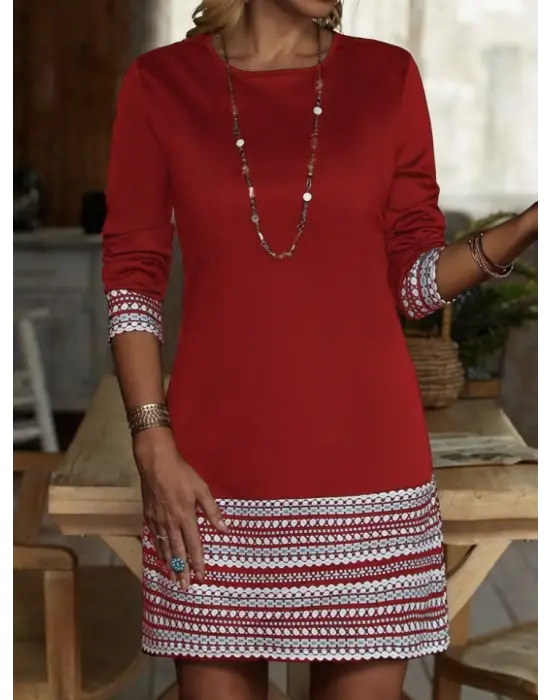 Kadın Uzun Kollu Bisiklet Yaka Kol Ağzı Ve Etek Ucu Baskılı Iki Iplik Elbise