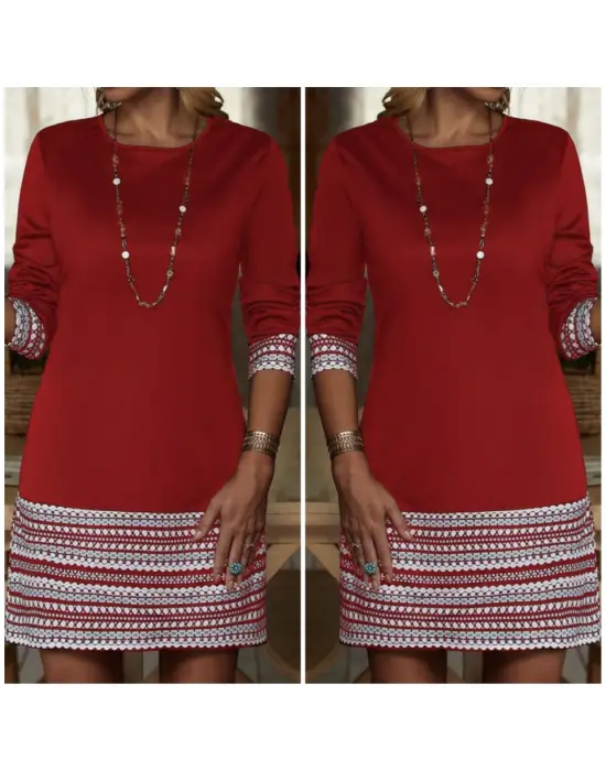 Kadın Uzun Kollu Bisiklet Yaka Kol Ağzı Ve Etek Ucu Baskılı Iki Iplik Elbise