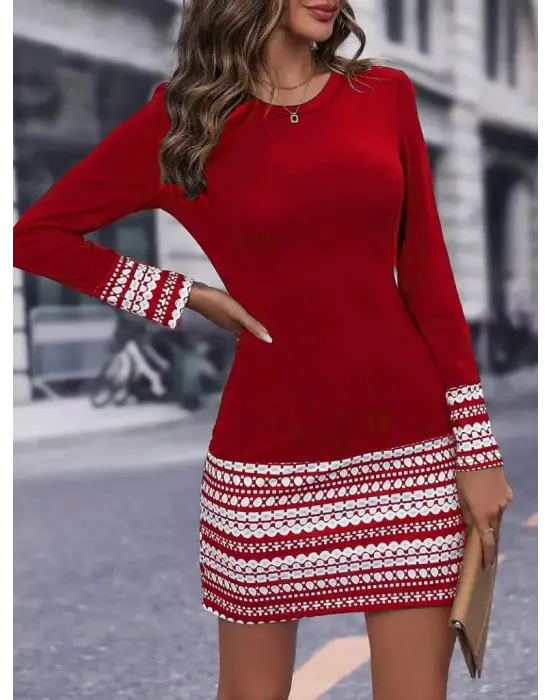 Kadın Uzun Kollu Bisiklet Yaka Kol Ağzı Ve Etek Ucu Baskılı Iki Iplik Elbise