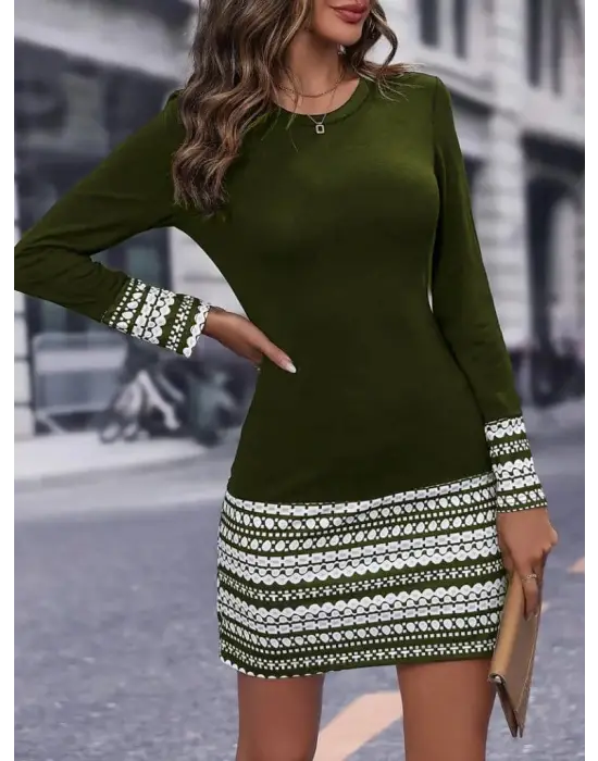 Kadın Uzun Kollu Bisiklet Yaka Kol Ağzı Ve Etek Ucu Baskılı Iki Iplik Elbise