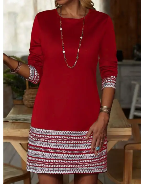 Kadın Uzun Kollu Bisiklet Yaka Kol Ağzı Ve Etek Ucu Baskılı Iki Iplik Elbise