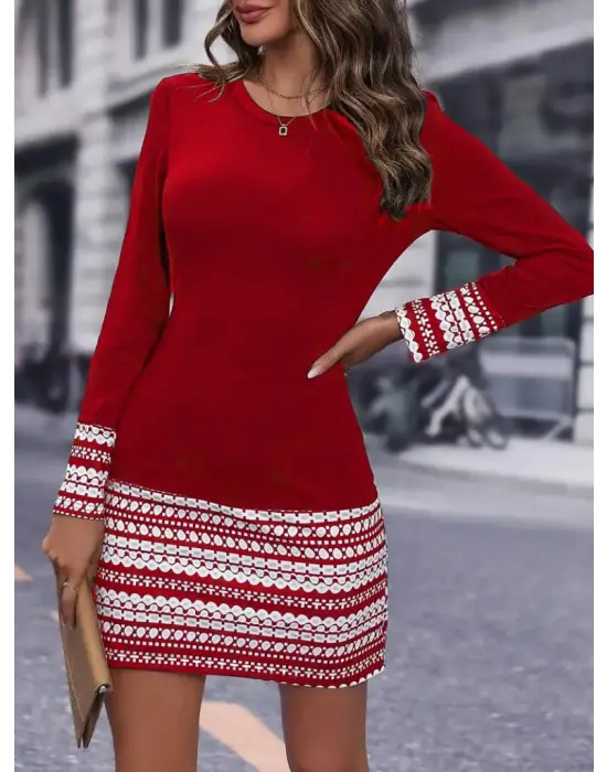 Kadın Uzun Kollu Bisiklet Yaka Kol Ağzı Ve Etek Ucu Baskılı Iki Iplik Elbise