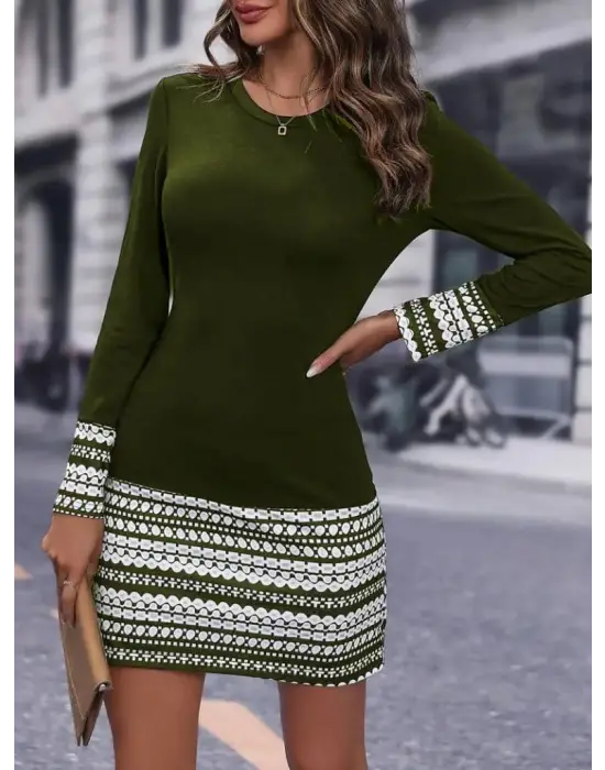 Kadın Uzun Kollu Bisiklet Yaka Kol Ağzı Ve Etek Ucu Baskılı Iki Iplik Elbise