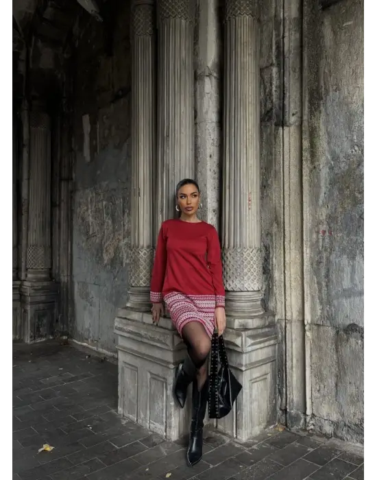 Kadın Uzun Kollu Bisiklet Yaka Kol Ağzı Ve Etek Ucu Baskılı Iki Iplik Elbise