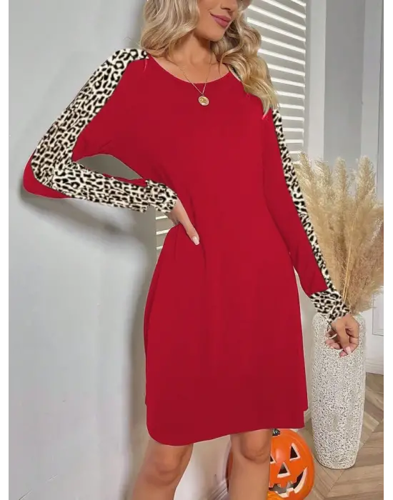 Kadın Uzun Kollu Bisiklet Yaka Kollar Leopar Detay Iki Iplik Mini Boy Elbise