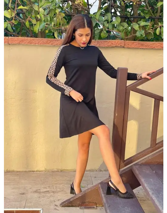 Kadın Uzun Kollu Bisiklet Yaka Kollar Leopar Detay Iki Iplik Mini Boy Elbise